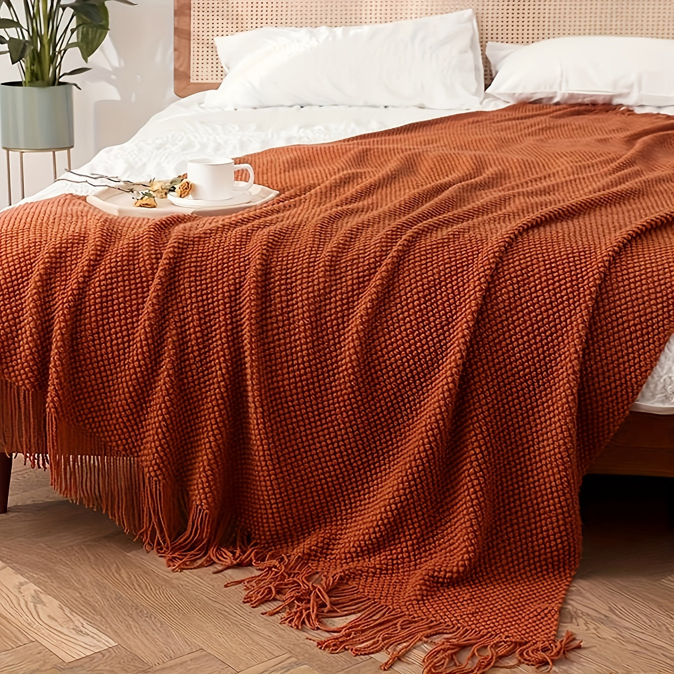 Textured Knit Tassel Throw Blanket – Soft Lightweight Cozy Sofa & Bed Decor | Aesthetic Glow