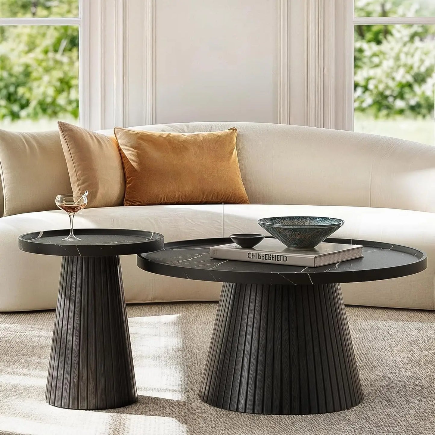 Modern Nesting Coffee Table Set of 2 with Fluted Design & Faux Stone Top