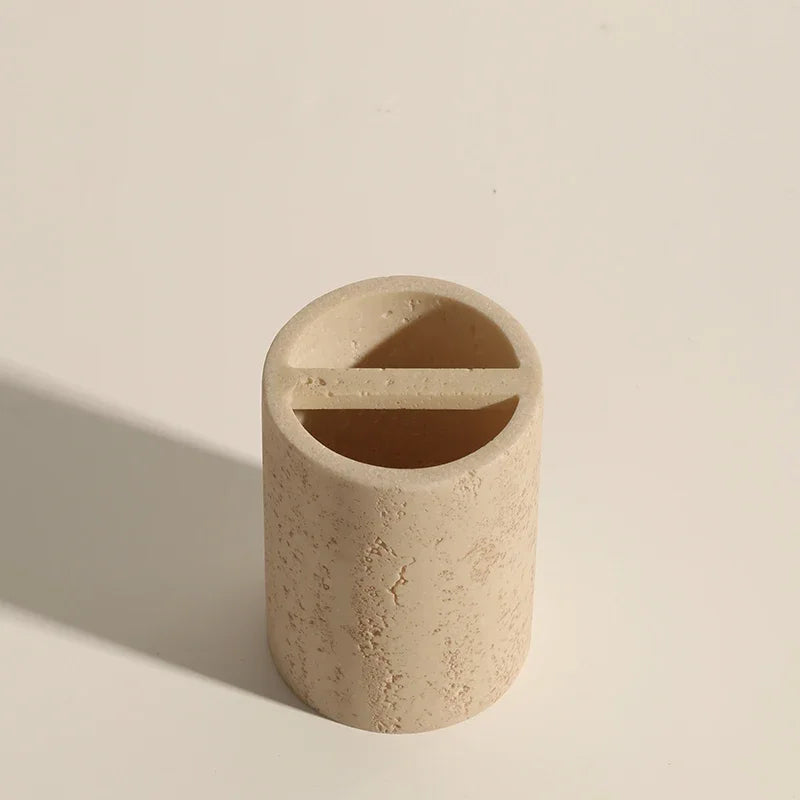 Limestone Bathroom Accessories Set — Toothbrush Holder, Soap Dispenser & Tray