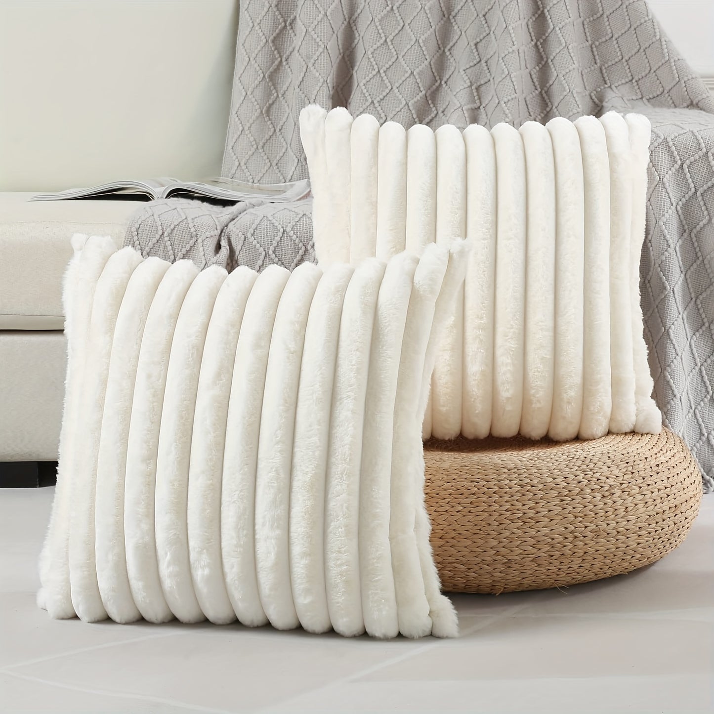 Set of 2 Faux Fur Plush Pillow Covers – Cozy Striped Texture