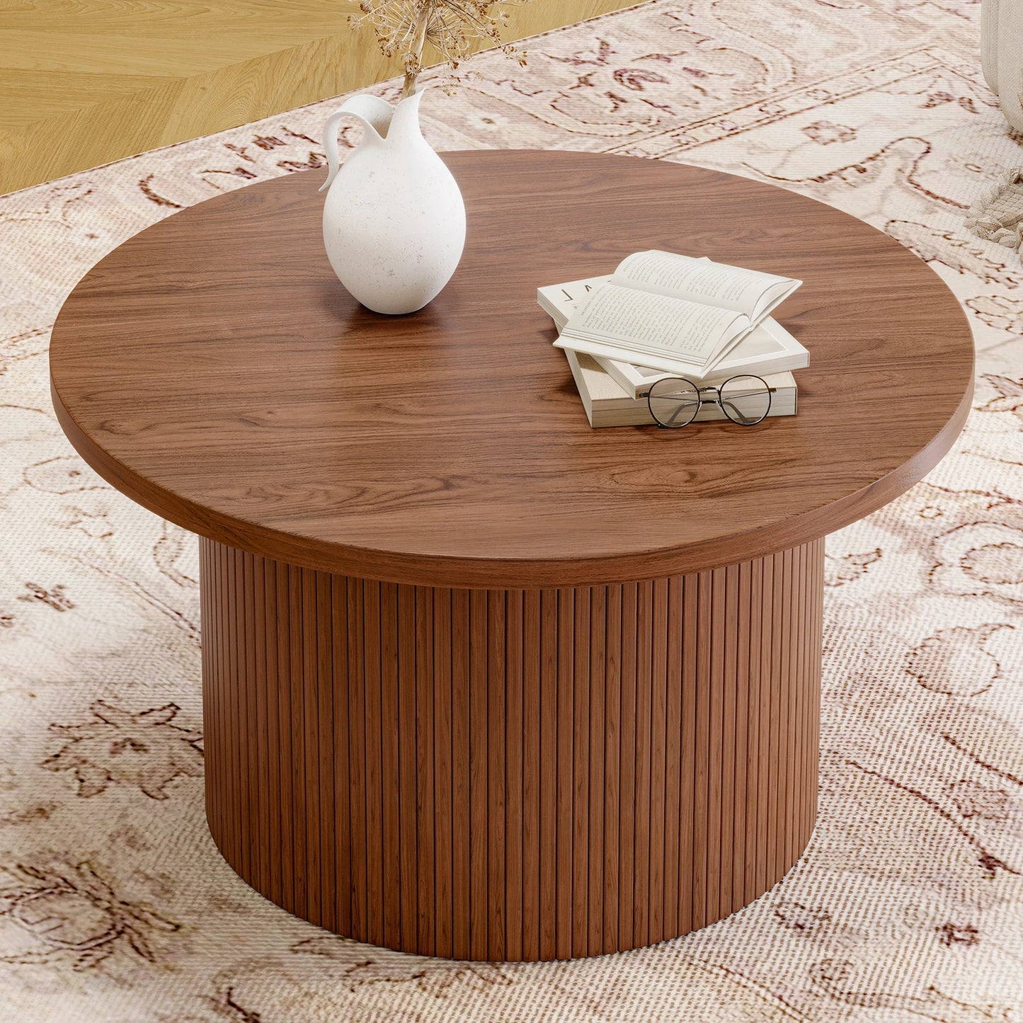31.5" Round Walnut Drum Coffee Table – Mid Century Modern Accent Table