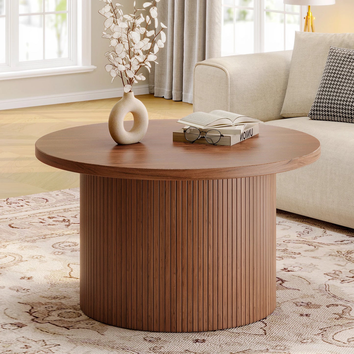 31.5" Round Walnut Drum Coffee Table – Mid Century Modern Accent Table