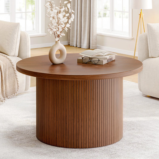 31.5" Round Walnut Drum Coffee Table – Mid Century Modern Accent Table