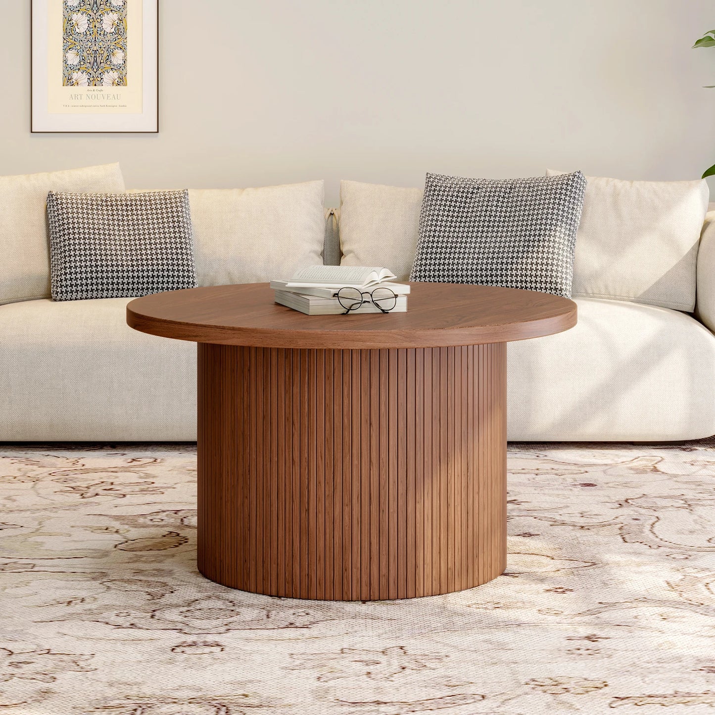 31.5" Round Walnut Drum Coffee Table – Mid Century Modern Accent Table