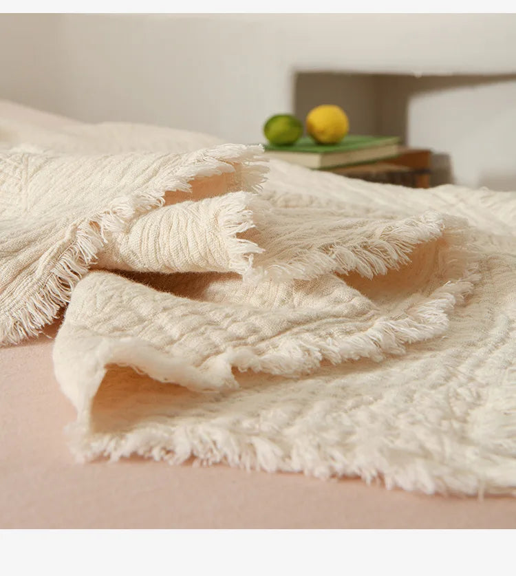 Cotton Muslin Gauze Throw Blanket with Tassels | Boho Jacquard Woven Sofa Blanket