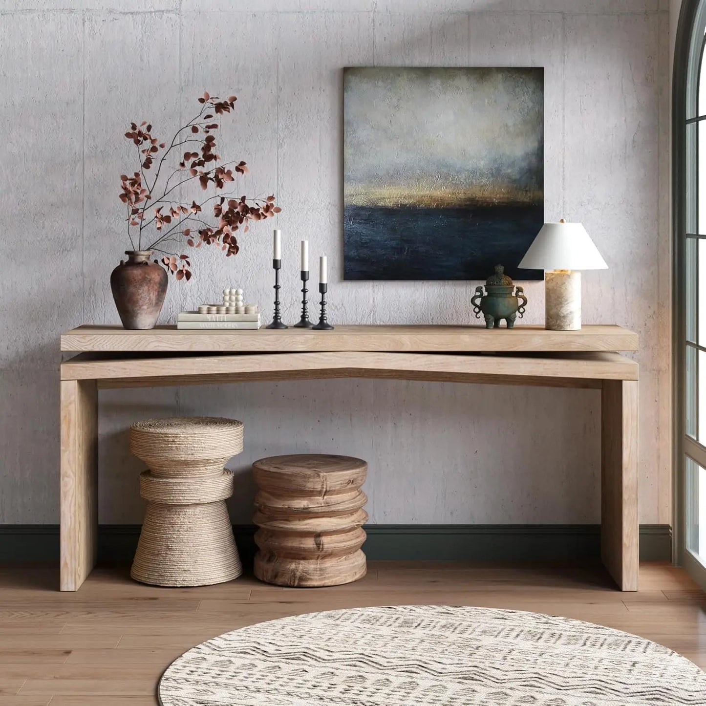 65-Inch Rustic Solid Wood Veneer Long Console Table, Farmhouse Entryway