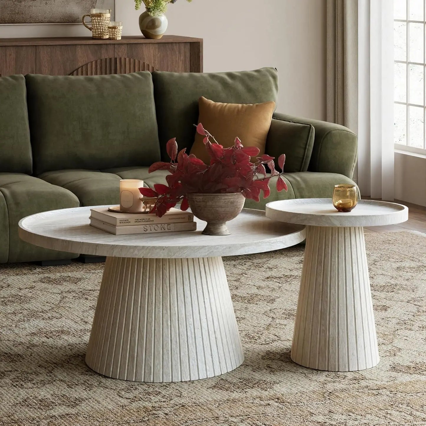 Modern Nesting Coffee Table Set of 2 with Fluted Design & Faux Stone Top