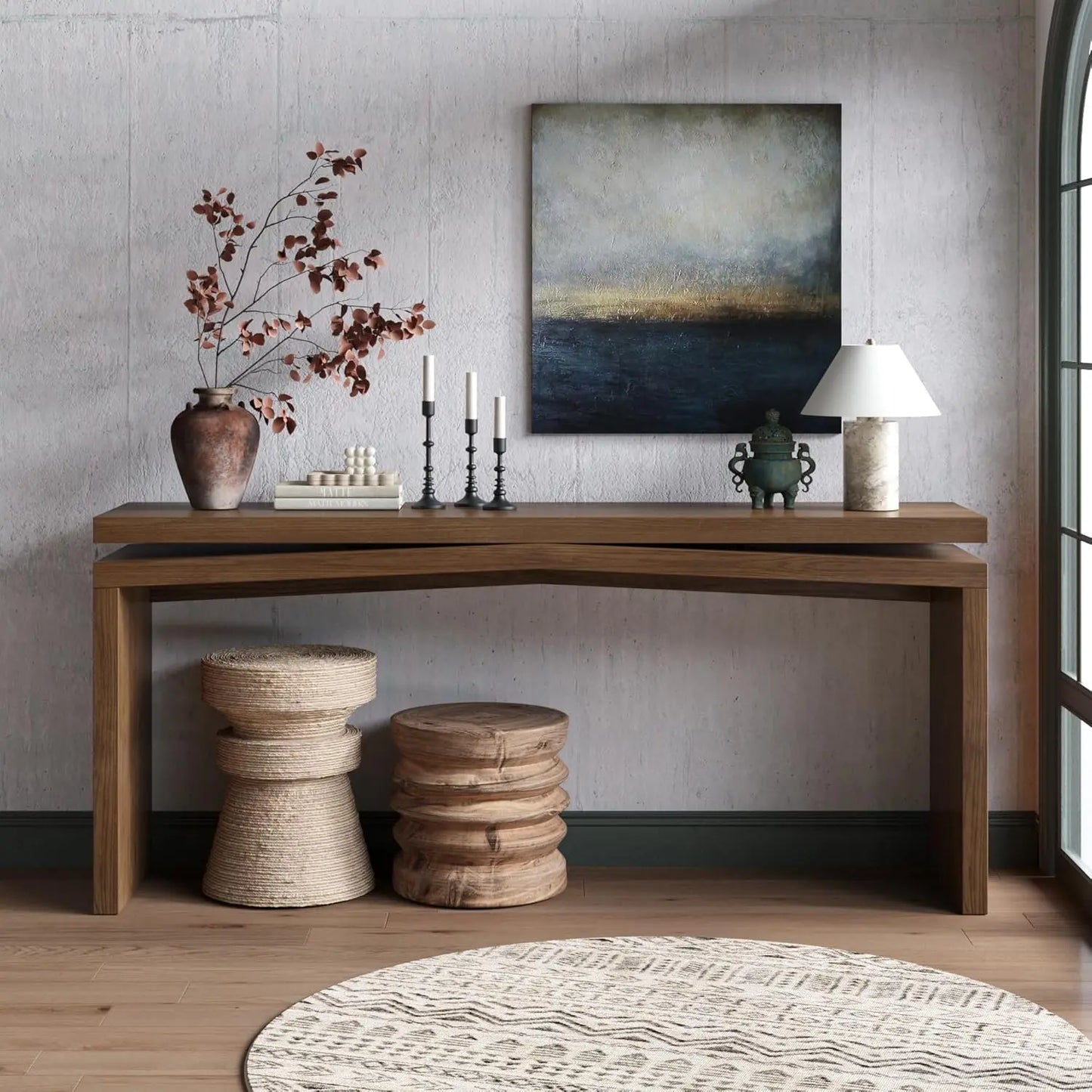 65-Inch Rustic Solid Wood Veneer Long Console Table, Farmhouse Entryway
