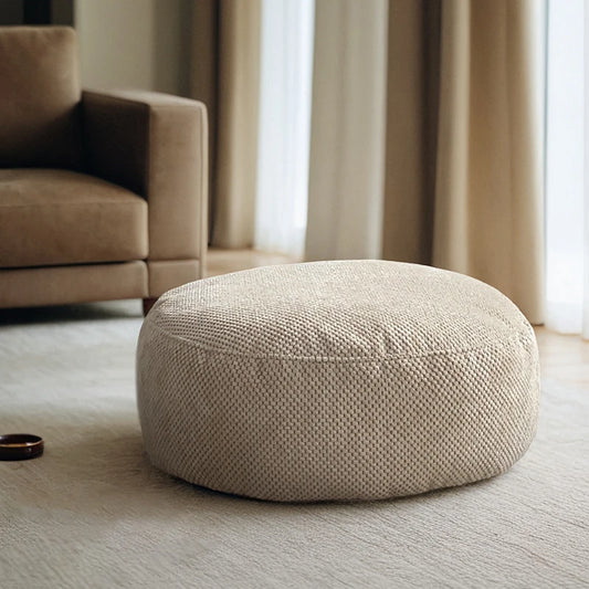 Cream Velvet Floor Pouf Ottoman — Cozy Round Accent Seat