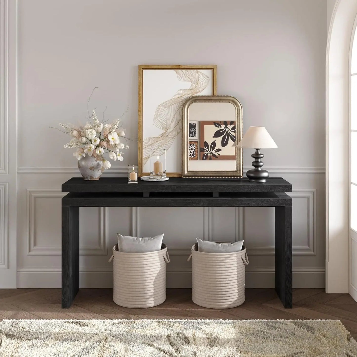 65-Inch Rustic Solid Wood Veneer Long Console Table, Farmhouse Entryway