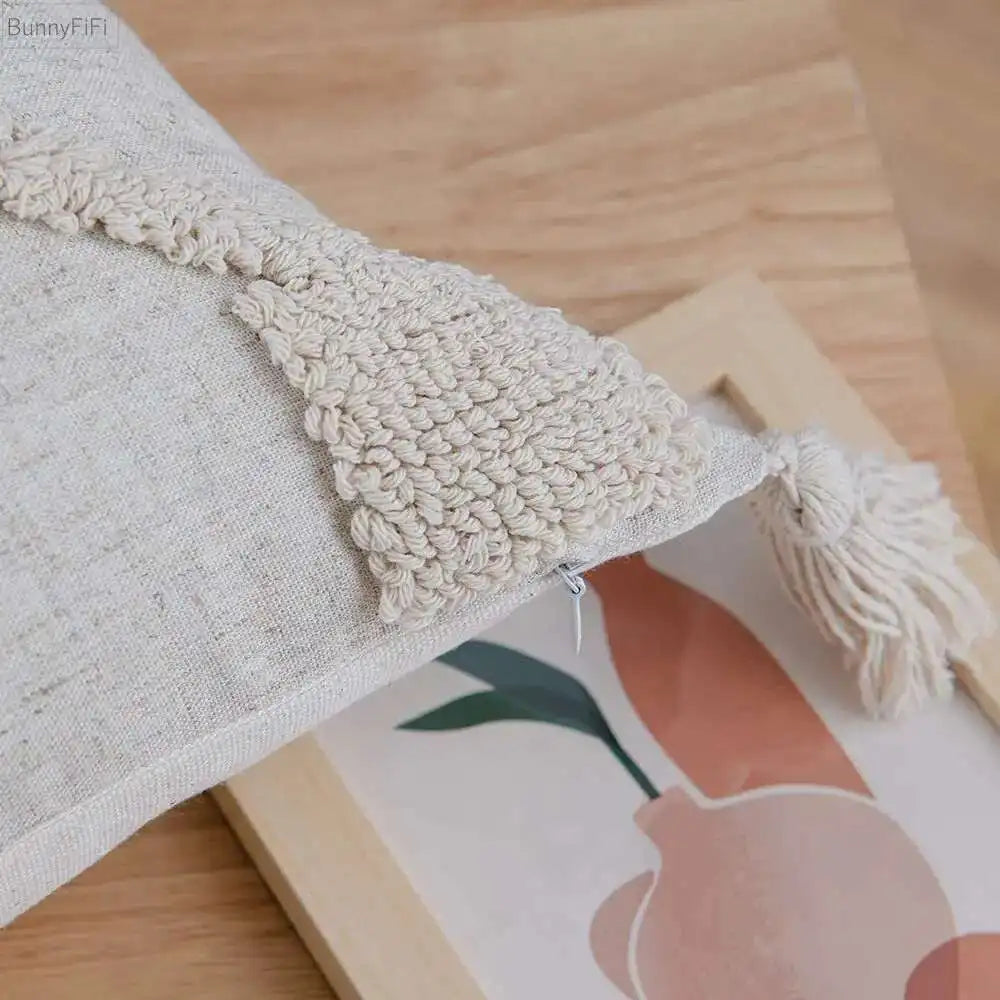 Boho Linen Cushion Cover with Tassel Detail