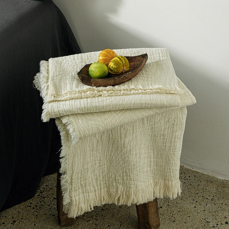 Cotton Muslin Gauze Throw Blanket with Tassels | Boho Jacquard Woven Sofa Blanket