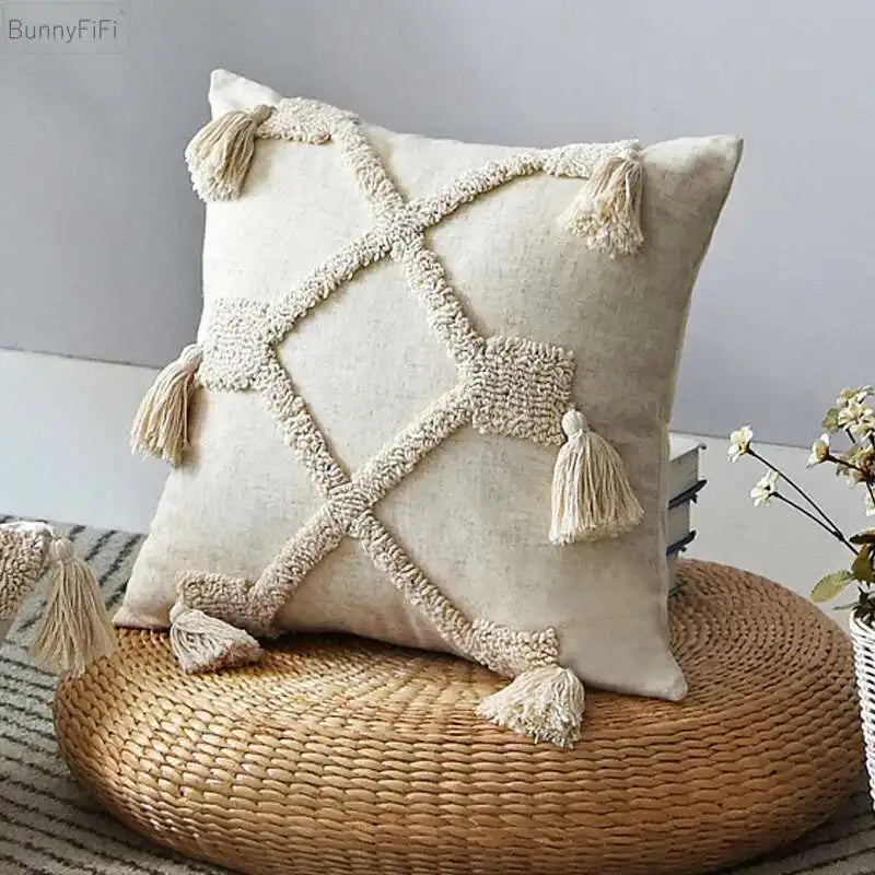 Boho Linen Cushion Cover with Tassel Detail