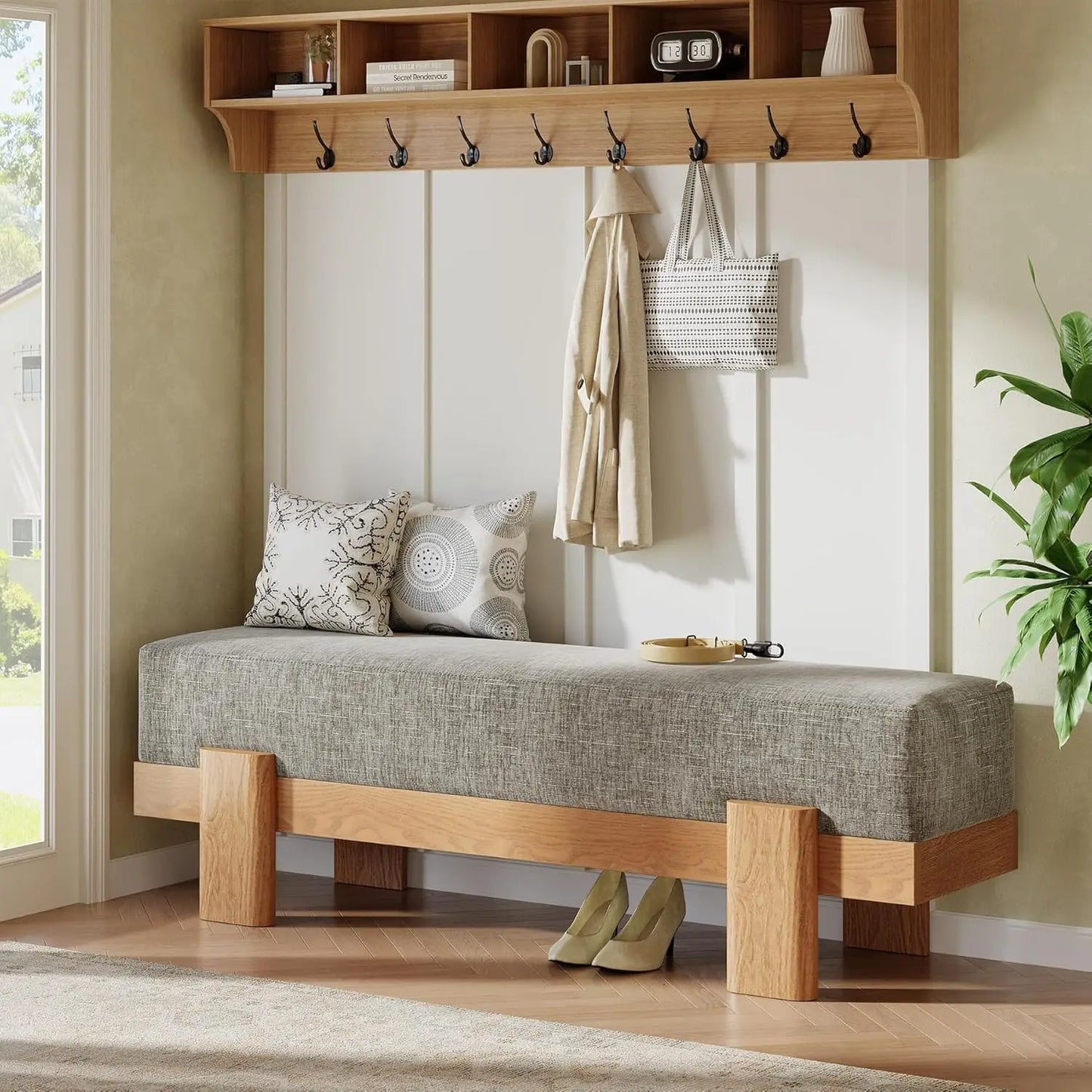 55-Inch Upholstered Entryway Bench with Storage Shelf & Padded Seat