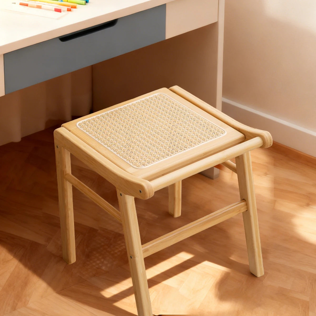 Bamboo Vanity Stool with Rattan Seat — Modern Dressing & Entryway Stool