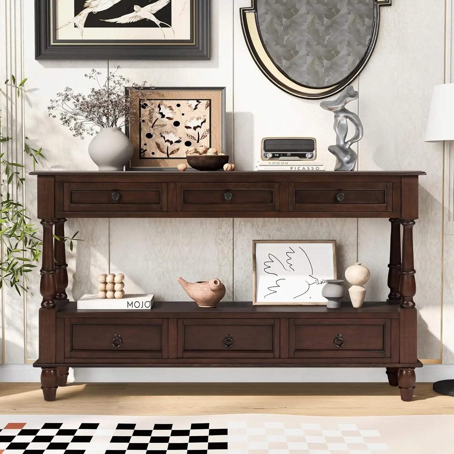 65-Inch Rustic Solid Wood Veneer Long Console Table, Farmhouse Entryway