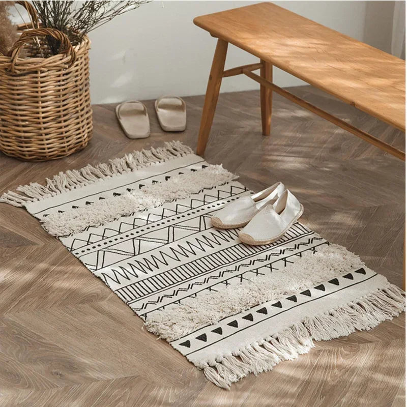 Nordic Moroccan Tassel Rug – Geometric Bedroom Area Rug