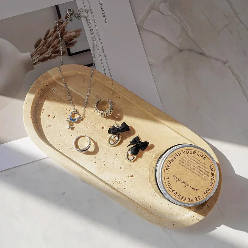 Limestone Bathroom Accessories Set — Toothbrush Holder, Soap Dispenser & Tray