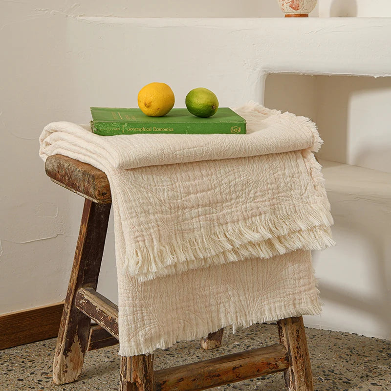 Cotton Muslin Gauze Throw Blanket with Tassels | Boho Jacquard Woven Sofa Blanket