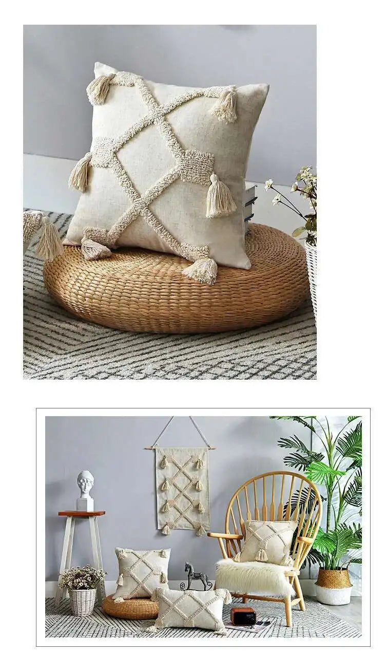Boho Linen Cushion Cover with Tassel Detail