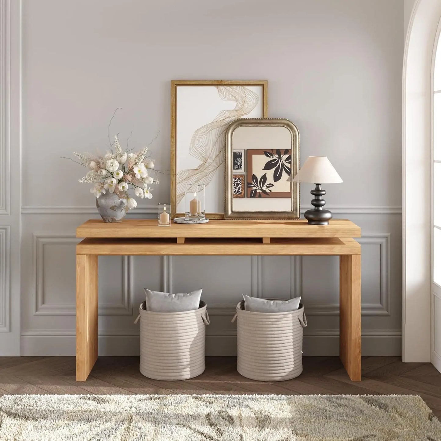 65-Inch Rustic Solid Wood Veneer Long Console Table, Farmhouse Entryway