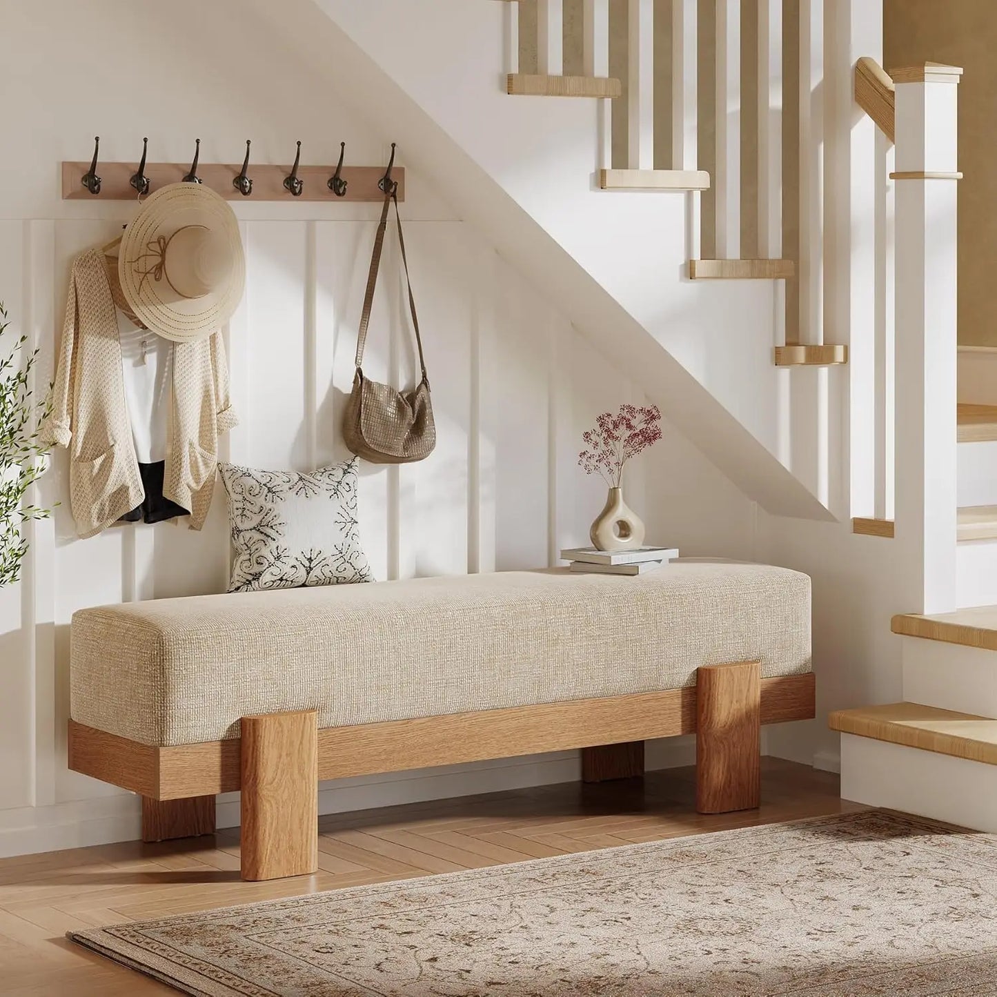 55-Inch Upholstered Entryway Bench with Storage Shelf & Padded Seat