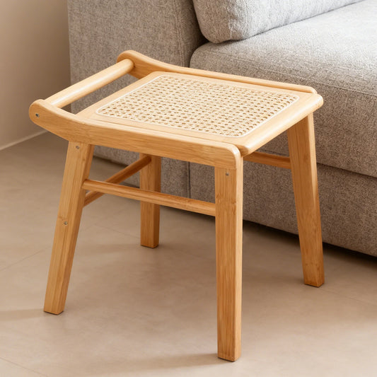 Bamboo Vanity Stool with Rattan Seat — Modern Dressing & Entryway Stool