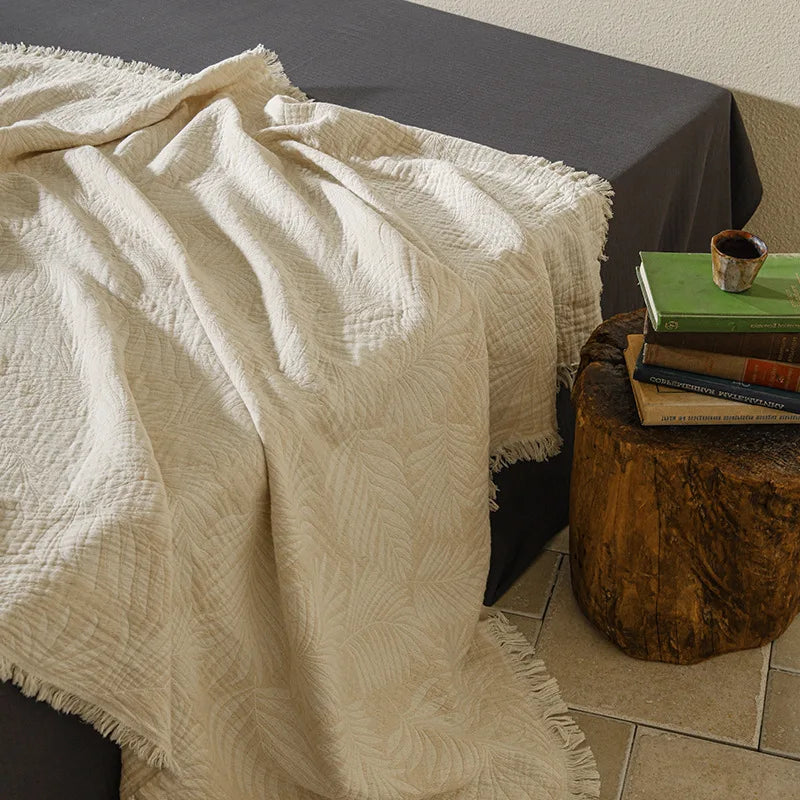 Cotton Muslin Gauze Throw Blanket with Tassels | Boho Jacquard Woven Sofa Blanket