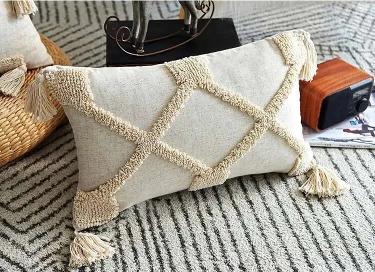 Boho Linen Cushion Cover with Tassel Detail