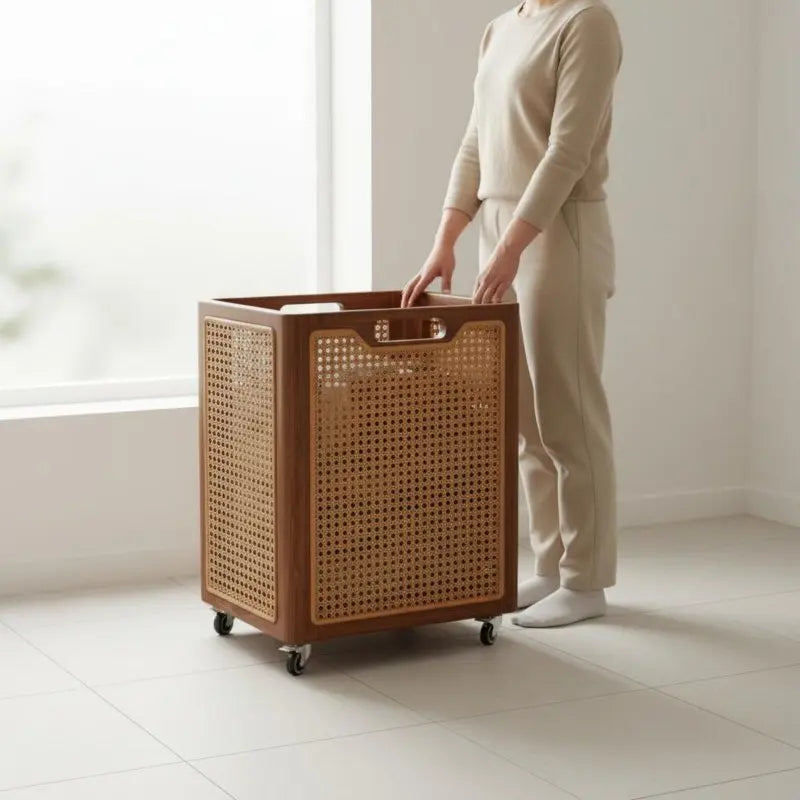 Solid Wood Laundry Basket with Rattan Panels | Modern Laundry Hamper Clothes Storage  Laundry Basket