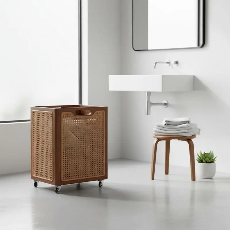 Solid Wood Laundry Basket with Rattan Panels | Modern Laundry Hamper Clothes Storage  Laundry Basket