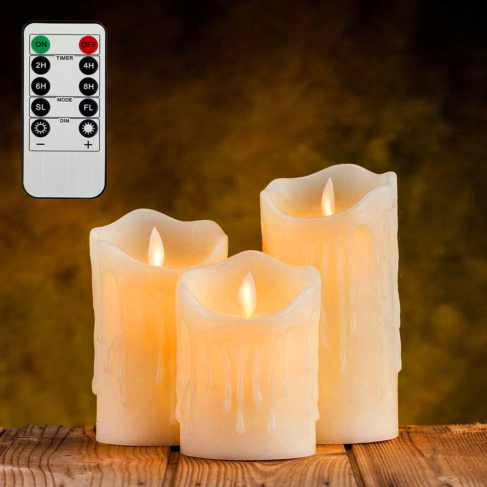 3-Piece Flickering Flameless LED Pillar Candle Set — Remote Controlled