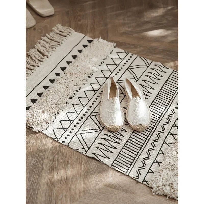 Nordic Moroccan Tassel Rug – Geometric Bedroom Area Rug
