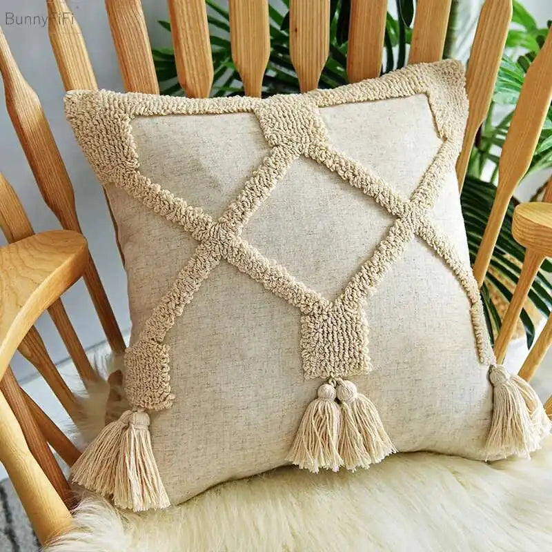 Boho Linen Cushion Cover with Tassel Detail