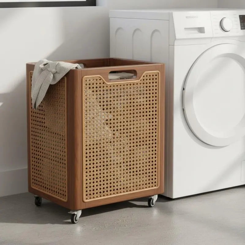 Solid Wood Laundry Basket with Rattan Panels | Modern Laundry Hamper Clothes Storage  Laundry Basket