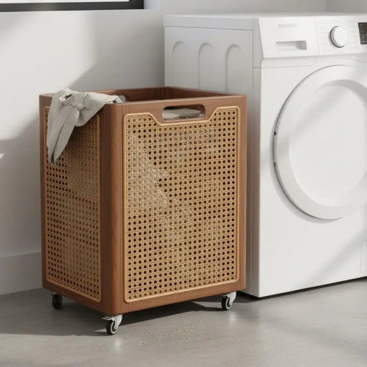 Solid Wood Laundry Basket with Rattan Panels | Modern Laundry Hamper Clothes Storage  Laundry Basket