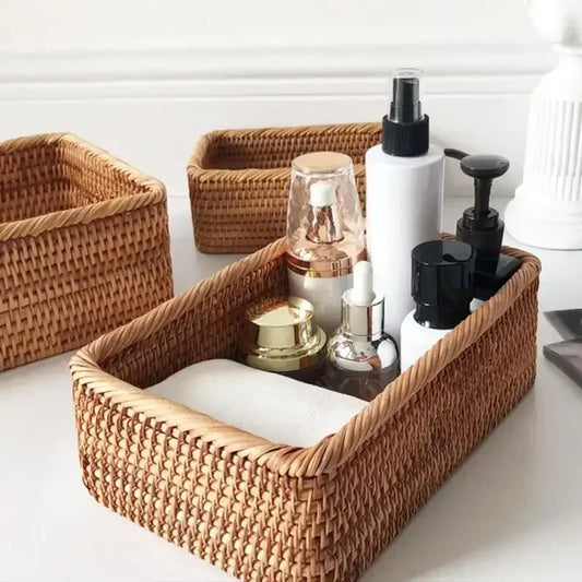 Handwoven Rectangular Rattan Storage Basket