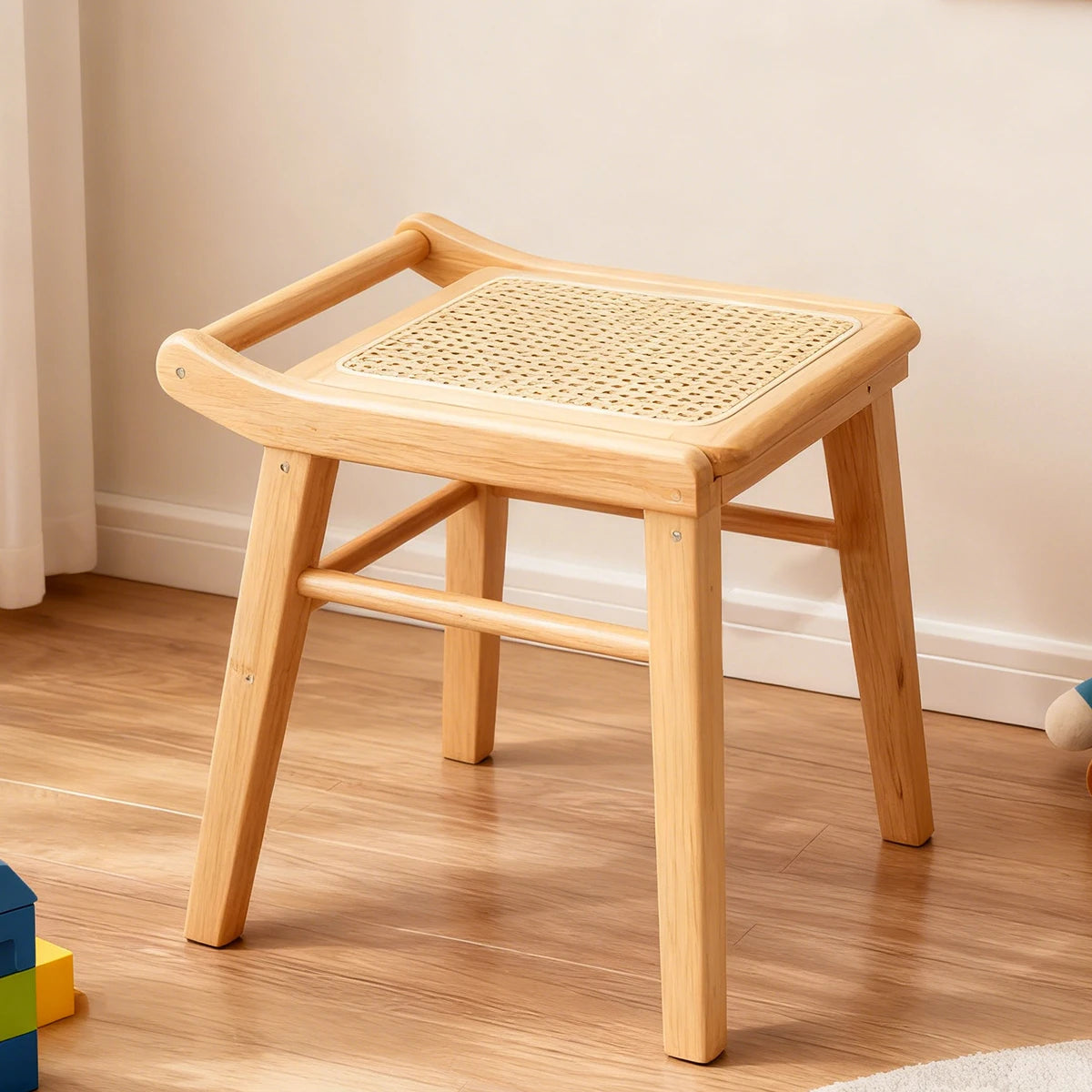 Bamboo Vanity Stool with Rattan Seat — Modern Dressing & Entryway Stool