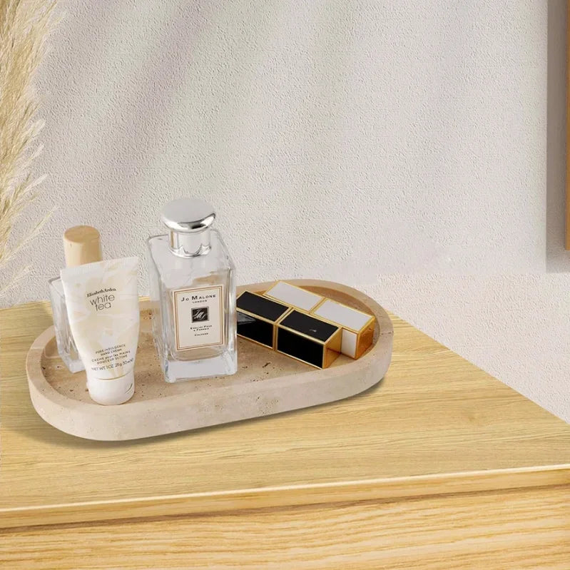 Limestone Bathroom Accessories Set — Toothbrush Holder, Soap Dispenser & Tray
