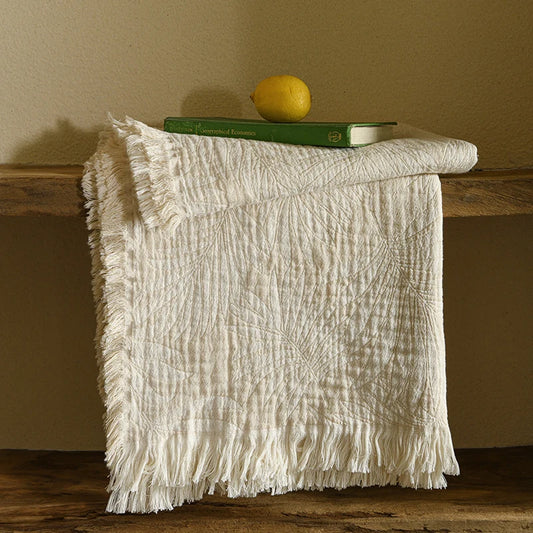 Cotton Muslin Gauze Throw Blanket with Tassels | Boho Jacquard Woven Sofa Blanket