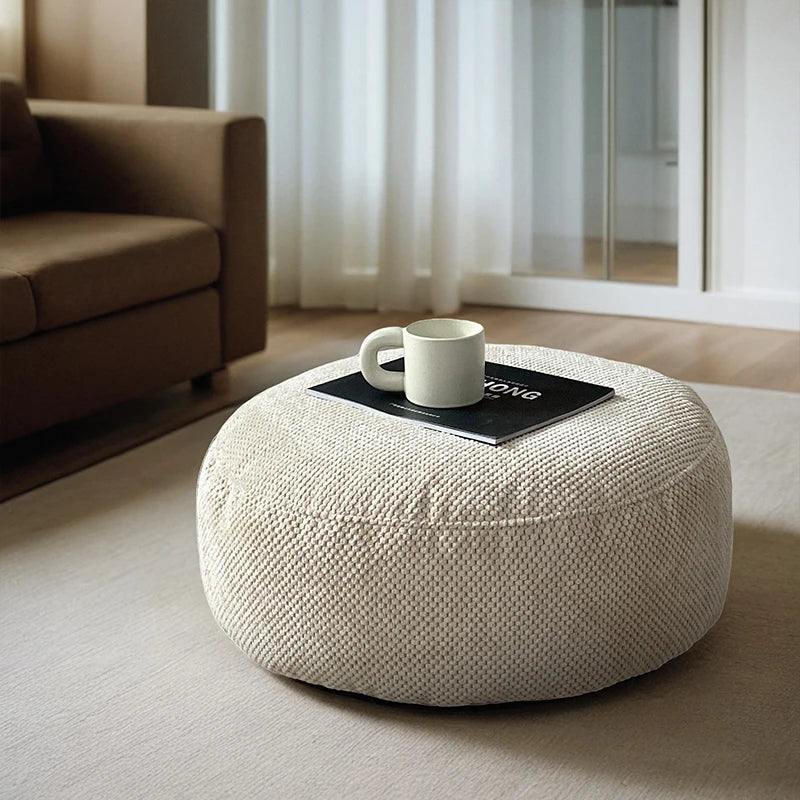 Cream Velvet Floor Pouf Ottoman — Cozy Round Accent Seat