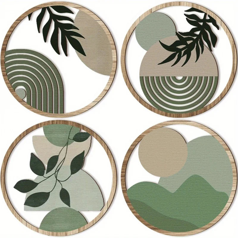 4-Piece Wooden Boho Wall Art Set – Minimalist Hanging Décor
