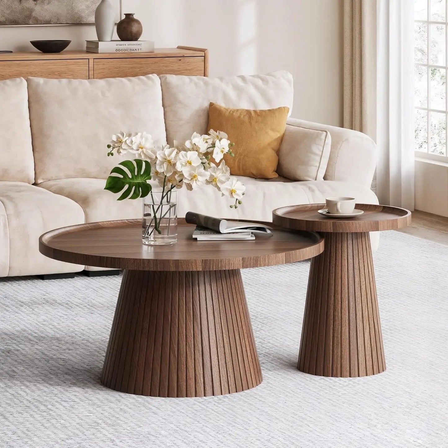 Modern Nesting Coffee Table Set of 2 with Fluted Design & Faux Stone Top