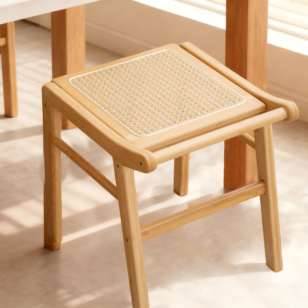 Bamboo Vanity Stool with Rattan Seat — Modern Dressing & Entryway Stool
