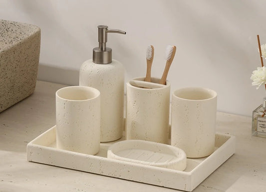 Limestone Bathroom Accessories Set — Toothbrush Holder, Soap Dispenser & Tray