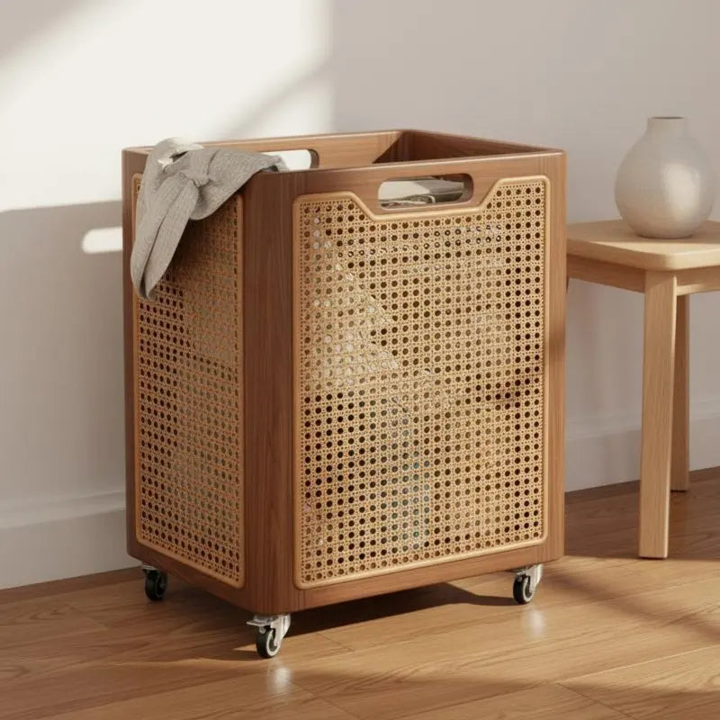 Solid Wood Laundry Basket with Rattan Panels | Modern Laundry Hamper Clothes Storage  Laundry Basket