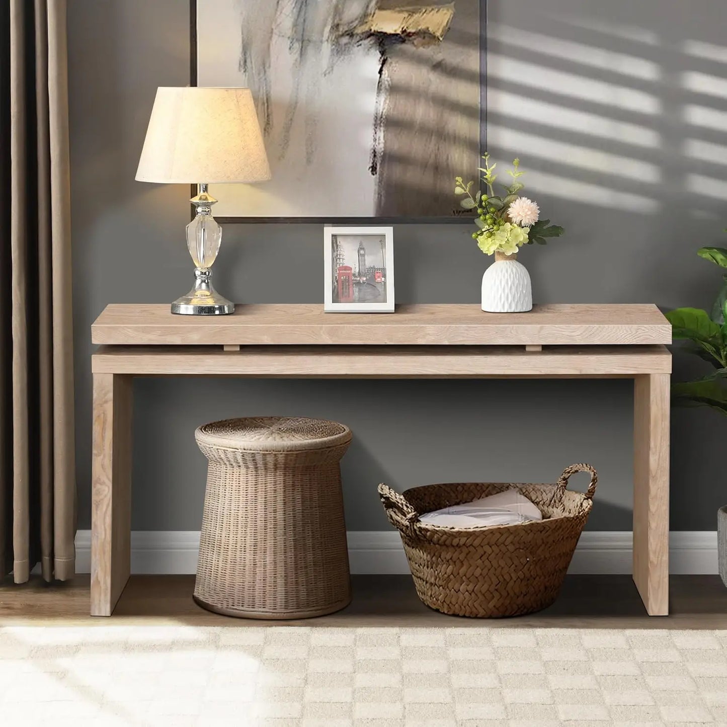 65-Inch Rustic Solid Wood Veneer Long Console Table, Farmhouse Entryway