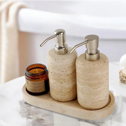 Limestone Bathroom Accessories Set — Toothbrush Holder, Soap Dispenser & Tray