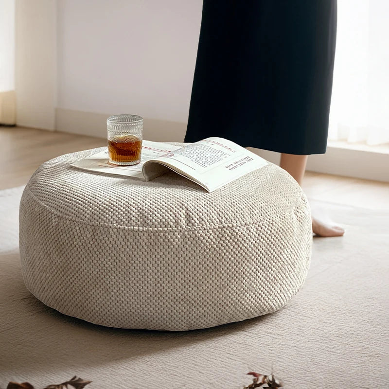 Cream Velvet Floor Pouf Ottoman — Cozy Round Accent Seat