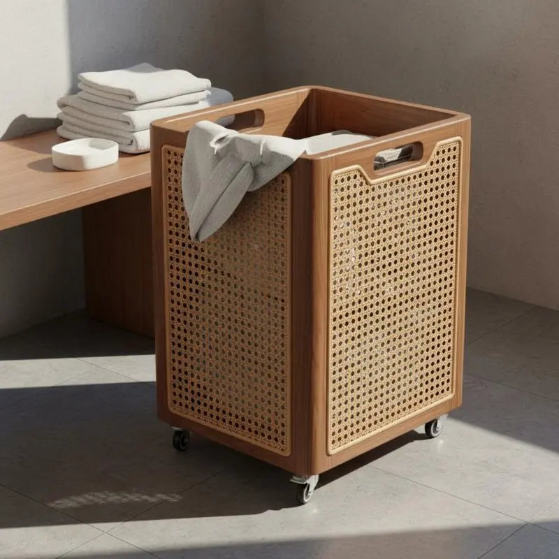 Solid Wood Laundry Basket with Rattan Panels | Modern Laundry Hamper Clothes Storage  Laundry Basket